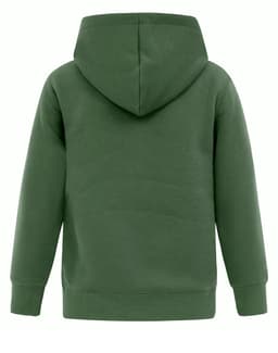 A green kids' hoodie featuring a close front design and a hood. It has long sleeves and a simple style.