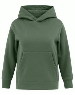 A green kids' hoodie with a front pocket and a contrast fleecy interior. It features a hood and long sleeves.