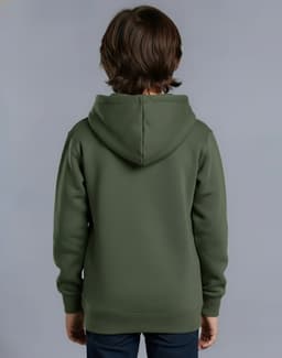 A green fleece hoodie for kids, featuring a close front design and a hood, shown from the back.