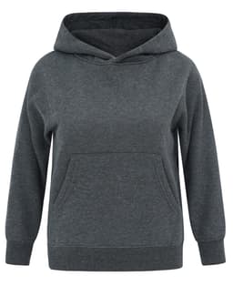 A grey kids' hoodie with a front pocket and hood, featuring a logo. Suitable for casual wear.