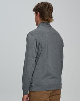 A grey men's half zip long sleeve sweat top featuring a simple design and a back view. It has a logo present.