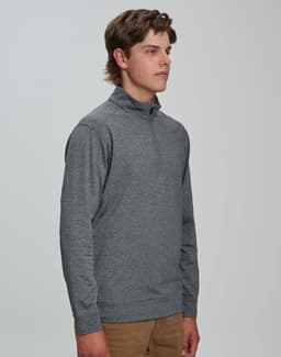 A grey men's half zip long sleeve sweat top, featuring a stand-up collar and long sleeves. There is a logo on the garment.