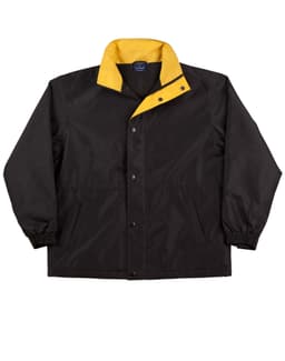 A black kids' contrast jacket with a yellow collar and elasticated cuffs, featuring a logo.