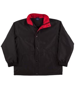 A black varsity jacket with a red collar, featuring a branded logo. Suitable for kids.