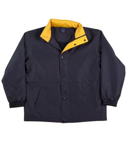 A navy and yellow kids' contrast varsity jacket with a snap closure and side pockets. Features an exterior logo.