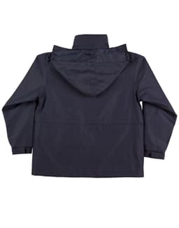 A kids' varsity jacket in navy blue with a hood and a simple back design. It features a logo.