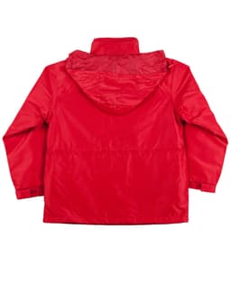A red kids' contrast jacket with a hood, featuring a back view and a minimalist design. It includes a logo.