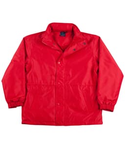 A red varsity jacket with a snap button front, elastic cuffs, and side pockets, featuring a logo.