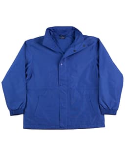 A blue kids' contrast jacket with a collared neckline, front snaps, and side pockets, featuring a logo.