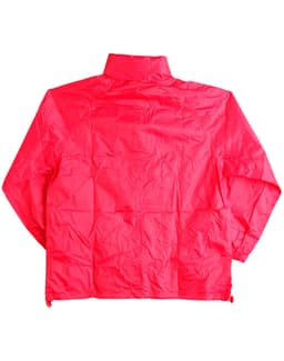 A bright pink kids' outdoor activity spray jacket features a high collar and long sleeves. It has a logo on it.