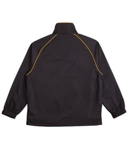 A black track jacket featuring yellow contrasting piping and elasticated cuffs. It has a logo on the design.