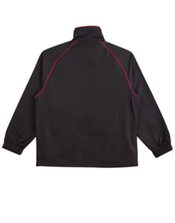 A black track jacket with red piping, featuring a high collar and elastic cuffs. It has a logo on the back.