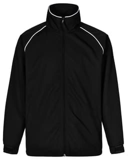 A black track jacket featuring a high collar and white accents, with a logo on the chest area.