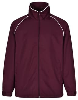 A maroon track jacket featuring white piping and a high collar, with a zip front and relaxed fit.