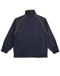 A navy track jacket with yellow piping, featuring a high collar and elastic cuffs. Includes a logo on the back.