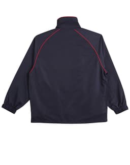 A navy track jacket with red piping, featuring a high collar and elasticated cuffs. It has a logo on the back.