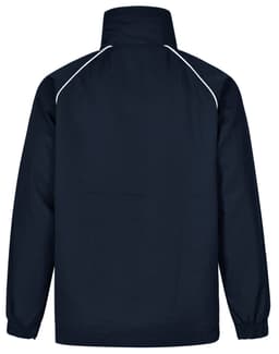 A navy track jacket featuring a high collar and contrasting white piping. Includes a logo on the front.