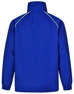 A blue adult track top jacket featuring a high collar and white piping details, with a logo on the design.
