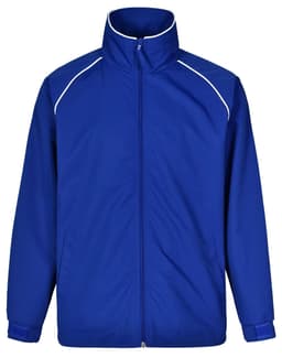 A blue track jacket featuring white piping and a high collar. The jacket has a logo on the front.
