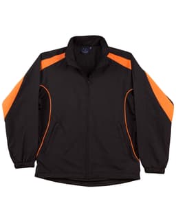 A black track jacket featuring orange accents, with a zip front and elasticated cuffs. It has a logo on the chest.