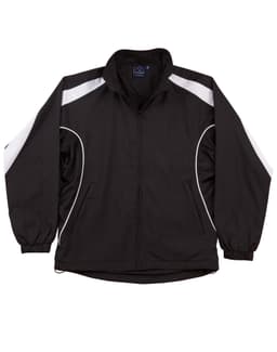 A black track jacket with white detailing, featuring a zip front and side pockets. Includes a logo on the chest.