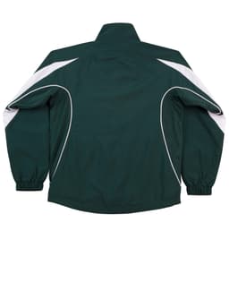 A dark green track jacket with white accents and elastic cuffs, featuring a logo on the back.