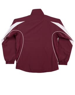 A maroon track jacket with white accents, featuring a high collar and a branded logo.