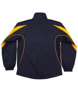 A navy and yellow track jacket with a high collar and elasticised cuffs. Features a logo on the upper back.