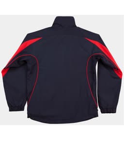 A warm-up jacket in navy with red accents, featuring a logo on the back and elastic cuffs.