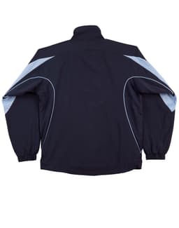 A track jacket in navy blue with light blue accents and a logo. Features a full zip and elastic cuffs.