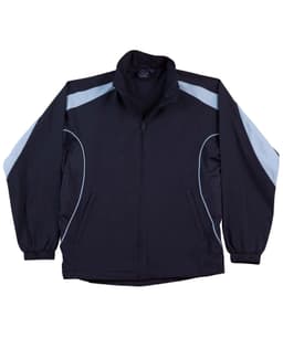 A black track jacket with light blue accents and a logo on the chest. Features a zip front and elastic cuffs.