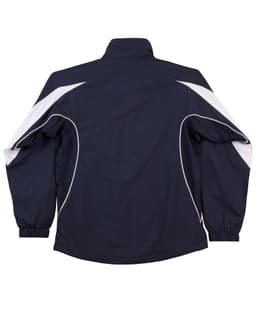A navy blue track jacket featuring white accents and a logo on the back. Suitable for adults.