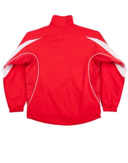 A red track jacket with white accents and a high collar, featuring a logo on the front.