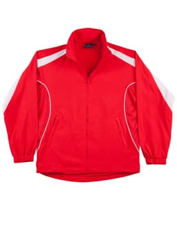 A red track jacket featuring white accents and a logo, designed with a zip front and side pockets.