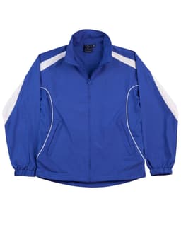 A blue warm-up jacket with white side panels and a logo, featuring a zip front and side pockets.