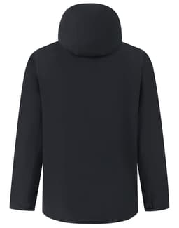 A waterproof jacket in black with long sleeves and a hood, featuring a logo on the back.