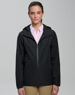 A unisex black waterproof jacket with a hood, featuring a front zip and a branding logo.