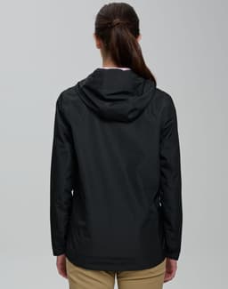 A waterproof unisex jacket in black with a hood, featuring a logo on the back.