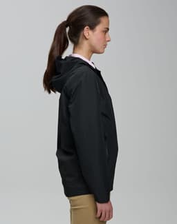 A unisex waterproof jacket in black, featuring a hood and a sleek, modern design. It has a logo on the front.