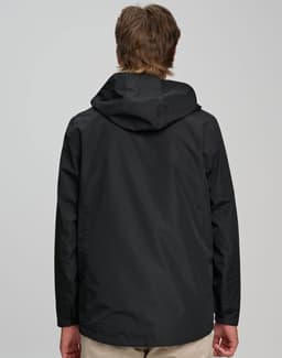 A unisex waterproof jacket in black, featuring a hood and back view design. Includes branding on the jacket.