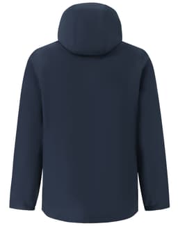 A waterproof jacket in navy blue with a hood, featuring a logo on the back.
