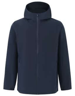 A navy unisex waterproof jacket with a hood and zippered front, featuring side pockets and a logo.