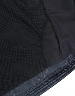 A black lightweight hooded puffer jacket featuring mesh panels and smooth fabric, with a logo present.