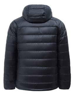 A lightweight hooded puffer jacket in black with a puffy quilted design and a rear view. It features a logo.