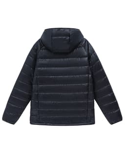A lightweight hooded puffer jacket in black, featuring a padded design and a hood at the back. 