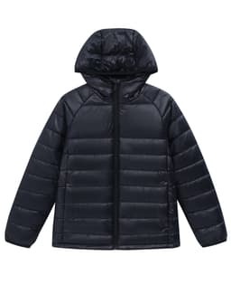 A black, lightweight hooded puffer jacket with a zip front and quilted design. It features a logo on the garment.