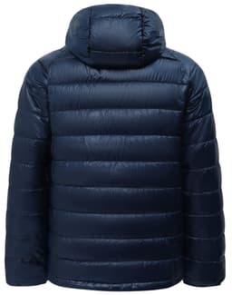 A dark navy lightweight hooded puffer jacket with a quilted design and a hood. It features a logo on the back.