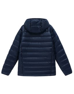 A navy blue adult's sustainable lightweight hooded puffer jacket with a quilted design and a hood.