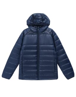 A lightweight, sustainable hooded puffer jacket in navy blue, featuring a zip front and a branded logo.