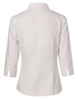 A women's white mini herringbone button-up shirt with 3/4 sleeves and a collared neck. It features a logo on the back.